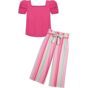 Arshiner Girls 2 Pieces Outfits Kids Square Neck Puff Sleeve Tops and Pants Set with Pockets 6-14 Years - 1 of 4