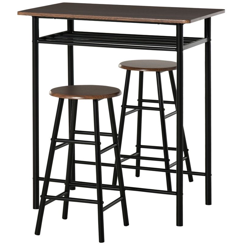 HOMCOM 3 Piece Counter Height Bar Table and Chairs Set, Space Saving Dining Table with 2 Matching Stools, Storage Shelf Metal Frame Footrest, 1 of 9