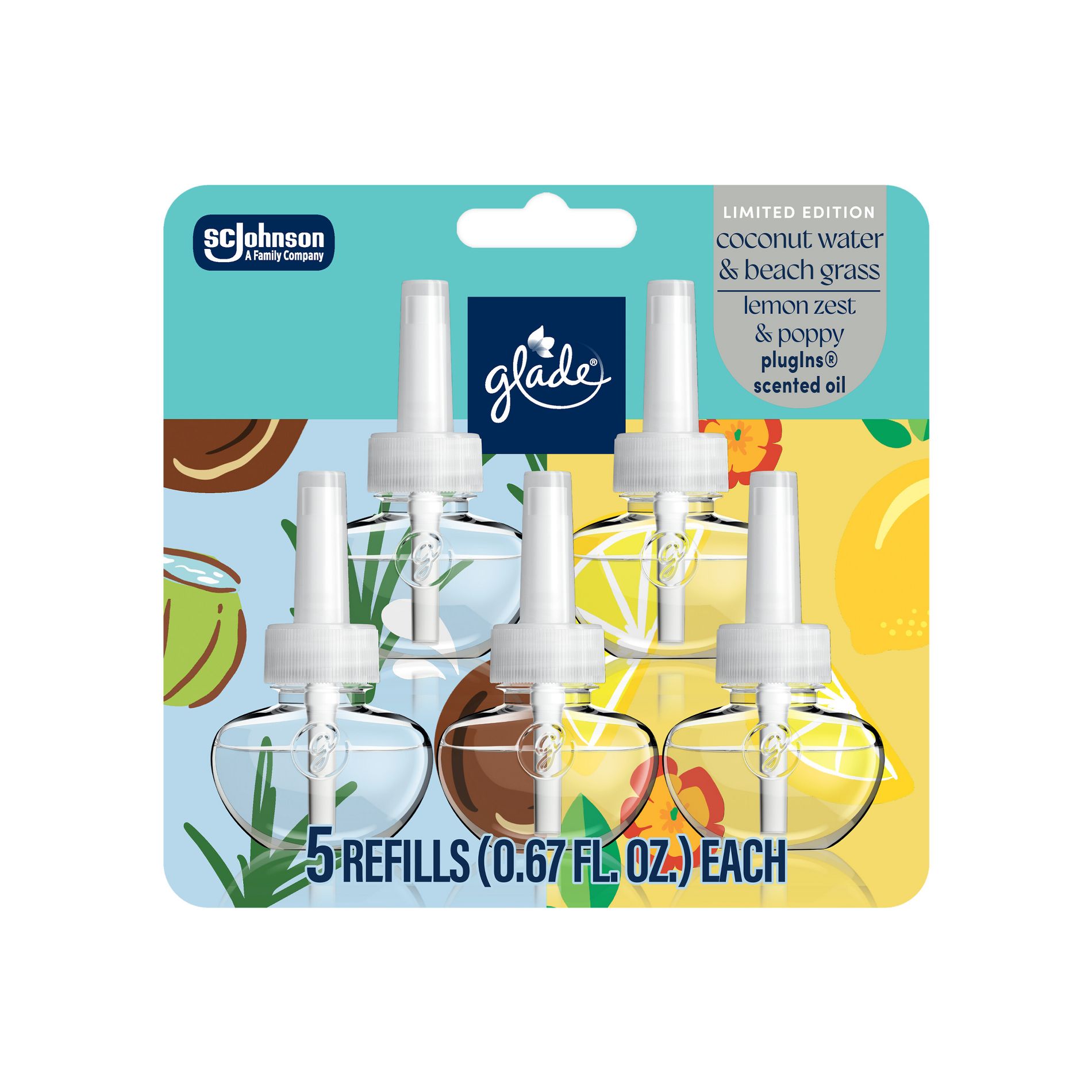 Glade Air Freshener Plug Ins Scented Oil Diffuser Refills - Coconut Water + Lemon Zest - 3.35 fl oz/5pk