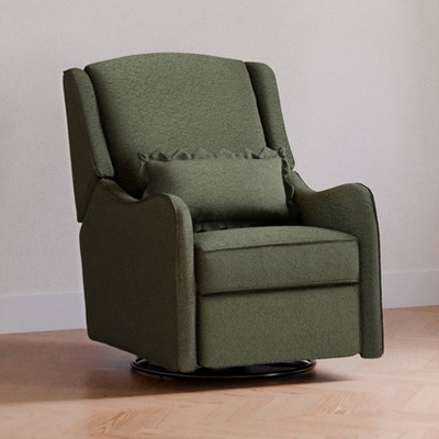 Olive Boucle Swivel Recliner with Wood Base