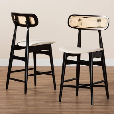Cream and Black Woven Rattan Wood Counter Stools, Set of 2