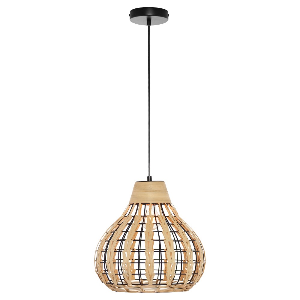 River of Goods 13" Charlene Metal Pendant Light with Rattan Shade Ceiling Light: Nautical Coastal Beach Decor, UL Listed, Adjustable Height