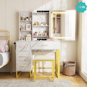 Jojoka Vanity Desk with Mirror and Lights, Sliding LED Mirror, Charging Ports, 4 Drawers, Hidden Storage & Hair Dryer Holder - 1 of 4
