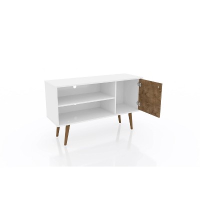Rustic Brown and White Mid-Century TV Stand with Cabinet