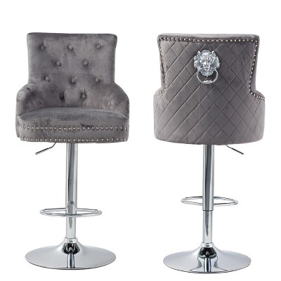 Large Velvet Bar Stool Heavy Duty Chrome Base Comfy Deep Button Swivel Chair