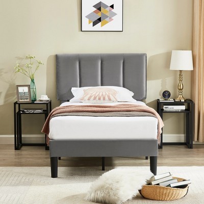 VECELO Upholstered Bed Frame with Adjustable Headboard, Heavy-Duty Platform Bed with Strong Wood Slat Support, No Box Spring Needed