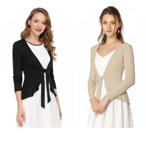 INSPIRE CHIC Women's Solid Tie Open Front Long Sleeve Knit Metallic Ruffled Crop Cardigan 2 Packs - 1 of 4