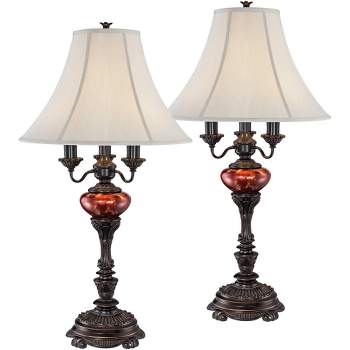 Barnes and Ivy Rhys 34" Tall Large Traditional End Table Lamps Set of 2 Bronze Finish Metal Tortoise Shell Glass Off-White Shade Living Room Bedroom