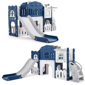 COZONY 8-in-1 Toddler Slide Set with Basketball Hoop, Steering Wheel, Tunnel & Storage, Freestanding Playground - 1 of 4