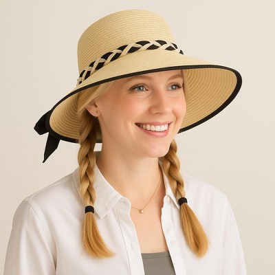 Anna-Kaci Women's Wide Brim Straw Hat with Braided Band and Contrast Bow Detail