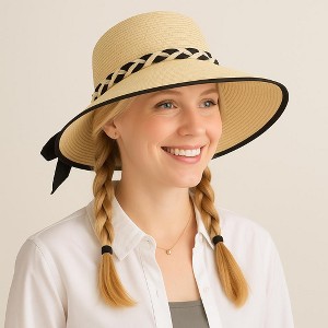 Anna-Kaci Women's Wide Brim Straw Hat with Braided Band and Contrast Bow Detail - 1 of 4
