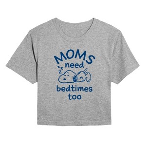 Women's - Peanuts - Moms Need Bedtimes Too Snoopy Cropped Graphic T-Shirt - 1 of 4