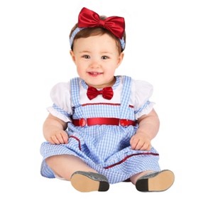 HalloweenCostumes.com Sweet Kansas Girl Costume For Babies,  Infant Farm Girl Outfit With Blue Gingham Dress And Headband With A Ruby Red Bow - 1 of 4