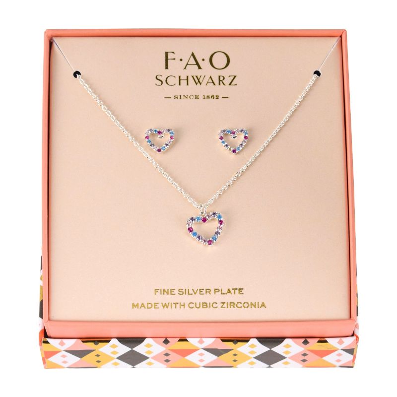 FAO Schwarz Silver Tone amd Multi Colored Stone Heart Pendant Necklace and Earring Set, 2 of 4