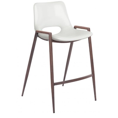 Faux Wood Steel Frame Counter Stool, 35.6"H White Faux Leather Seat with Arms, Set of 2 By Zuo Modern