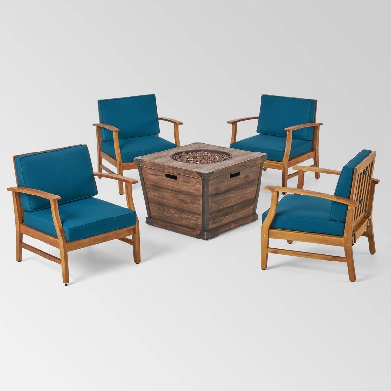 Mark 5pc Acacia Wood Club Chairs &#38; Fire Pit - Teak/Blue/Brown - Christopher Knight Home, 3 of 10