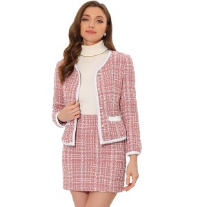 INSPIRE CHIC Women's Outfits Plaid Tweed Short Blazer and Skirt Suit Set 2 Pieces - 1 of 4