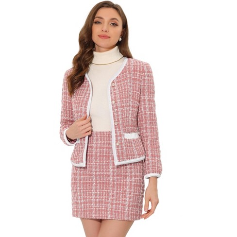 Inspire Chic Women s Outfits Plaid Tweed Short Blazer And Skirt Suit Set 2 Pieces Pink Small Target