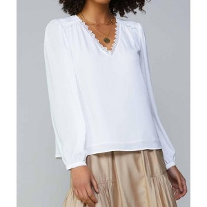 Women's Long Sleeve V Neck Blouse with Lace Trim - current air - 1 of 4