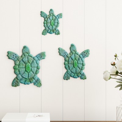 Sea Turtle Wall Art- Nautical 3D Metal Hanging Decor-Vintage Coastal Seaside Inspired Style-Under Water Sea Life Ocean by Hastings Home 3PC