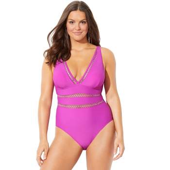 Swimsuits For All Women's Plus Size V Neck Crochet Relaxed Fit Bra Sized  Crochet Underwire Tankini Top with Adjustable Straps - 40 D, Pink Purple