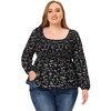 Agnes Orinda Women's Plus Size Long Sleeve Smock Waist Square Neck Floral Peplum Blouses - 3 of 4