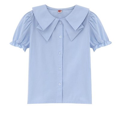 Girls Button Down Tops Peter Pan Collar Short Sleeve Blouse with Ruffled Trim Puff-sleeve Tops Butterfly Collar Shirts for Girls - Blue,3-4T