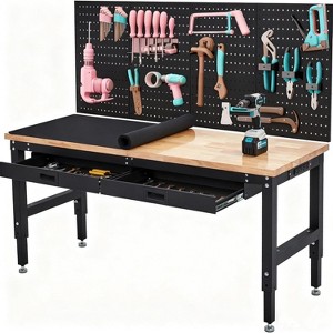 60" Workbench with Drawers,Heavy-Duty Adjustable Work Table with Large Pegboard and Power Outlet for Workshop,Garage,Office,Weight Capacity 3000 Lbs - 1 of 4