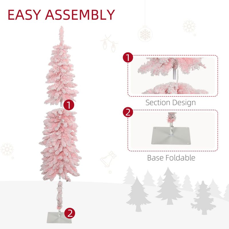 HOMCOM 6 FT Pencil Prelit Artificial Christmas Tree Holiday Decoration with Snow Flocked Branches, Warm White LED Lights, Downswept Shape, Pink, 5 of 7