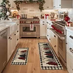 Buffalo Plaid Xmas Tree Merry Christmas Kitchen Mats Set of 2, Winter Home Decor Low-Profile Kitchen Rugs for Floor - 17x29 and 17x47 Inch - 1 of 2