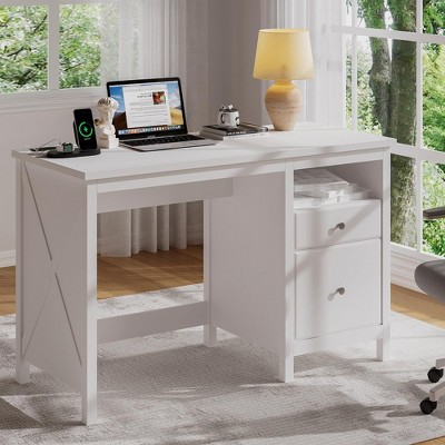 NicBex Modern Computer Desk with Storage Drawers & Charging Station,Writing Desk Home Office Desk for Study,Bedroom