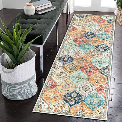 Oriental Floral Washable Runner Rug, Non-Slip Vintage Carpet with Rubber Backing for Hallway, Kitchen & Bedroom