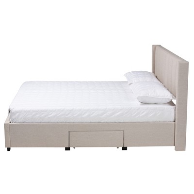 Beige Upholstered Full Wingback Bed with 3 Storage Drawers