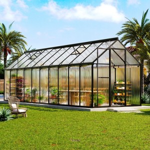 AMERLIFE Polycarbonate Greenhouse with 2 Top-Opening Windows, Swing-Open Doors, Aluminum Walk-in Heavy Duty Frame for Backyard Garden, Black - 1 of 4