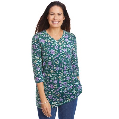 Woman Within Plus Size Perfect Printed Three-Quarter Sleeve V-Neck Tee