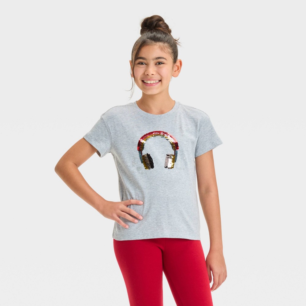 Girls' Short Sleeve Flip Sequin 'Headphones' T-Shirt - Cat & Jack™ Heather Gray XL