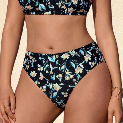 Women's Floral High-Waisted Bikini Bottoms - Cupshe-M-Black