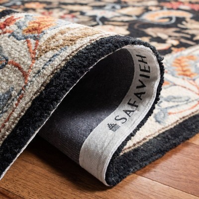 Black Floral Hand-Hooked Wool Area Rug with Ivory Border
