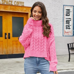 Women's Turtleneck Sweater Long Sleeve Warm Soft Casual Knitted Sweater Fall Winter Pullover Sweater Pink L - 1 of 3
