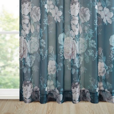 Navy Floral Sheer Rod Pocket Back Tab Curtain Panel