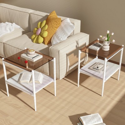 Set of 2 Modern Rectangle Side Tables, Tempered Glass Top with MDF Layer and Iron Frame, End Tables for Living Room or Bedroom – Cuddlewood