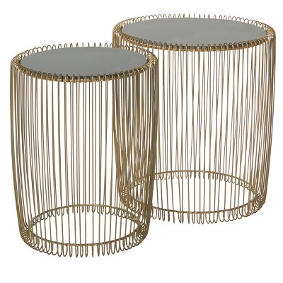 Elegant Gold Metal and Black Glass Round Accent Table Set