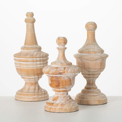 Sullivans 11.75"  10.5" & 9.5" White Washed Wood Finial Set of 3