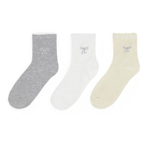 Alilang Women's 3-Pack Soft Knit Ankle Socks with Scalloped Trim and Embroidered Bow Detail - 1 of 4