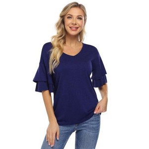 Coolmee Women's Blouses Ruffle Sleeve T Shirts V Neck Double Tiered Bell Sleeve Top - 1 of 4
