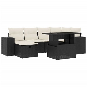 vidaXL 7 Piece Patio Sofa Set with Cushions Black Poly Rattan - Black and Cream without Storage - 1 of 4