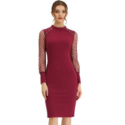 Allegra K Women's Mock Neck Mesh Dots Long Sleeve Button Decor Midi Sheath Dress