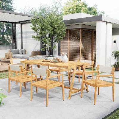 4 PCS Dining Chair Set with 4 Seaters, Braided Rope Dining Chairs with Armrests for Comfort, Acacia Wood Frame Dining Chair-Coolbibila