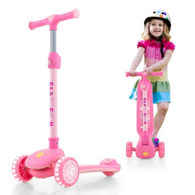 Infans Kick Scooter, Folding Lightweight Toddler Scooter w/LED Lighted Wheels, Adjustable Handlebar, Lean to Steer, Extra Wide Deck & Rear Brake, Pink