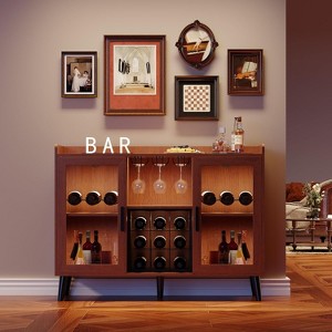 Wine Bar Cabinet, 47in Modern Wood Liquor Cabinet Buffet Sideboard Coffee Bar Station with Wine Racks for Home Living Room Dining Room - 1 of 4